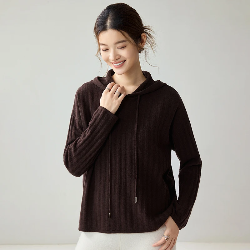 Autumn Winter Women's 100% Cashmere Sweater Pullover Plain Hooded Drawstring Neck Buttery Smooth Knit Modern Casual Knit Top