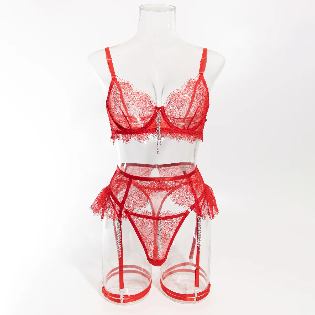 Krasapt Gothic 3Pcs Lace Lingerie Set Sheer Bra Garter Thigh Strap Thong Boudoir Sexy Transparent Women's Intimate Nightwear view 4