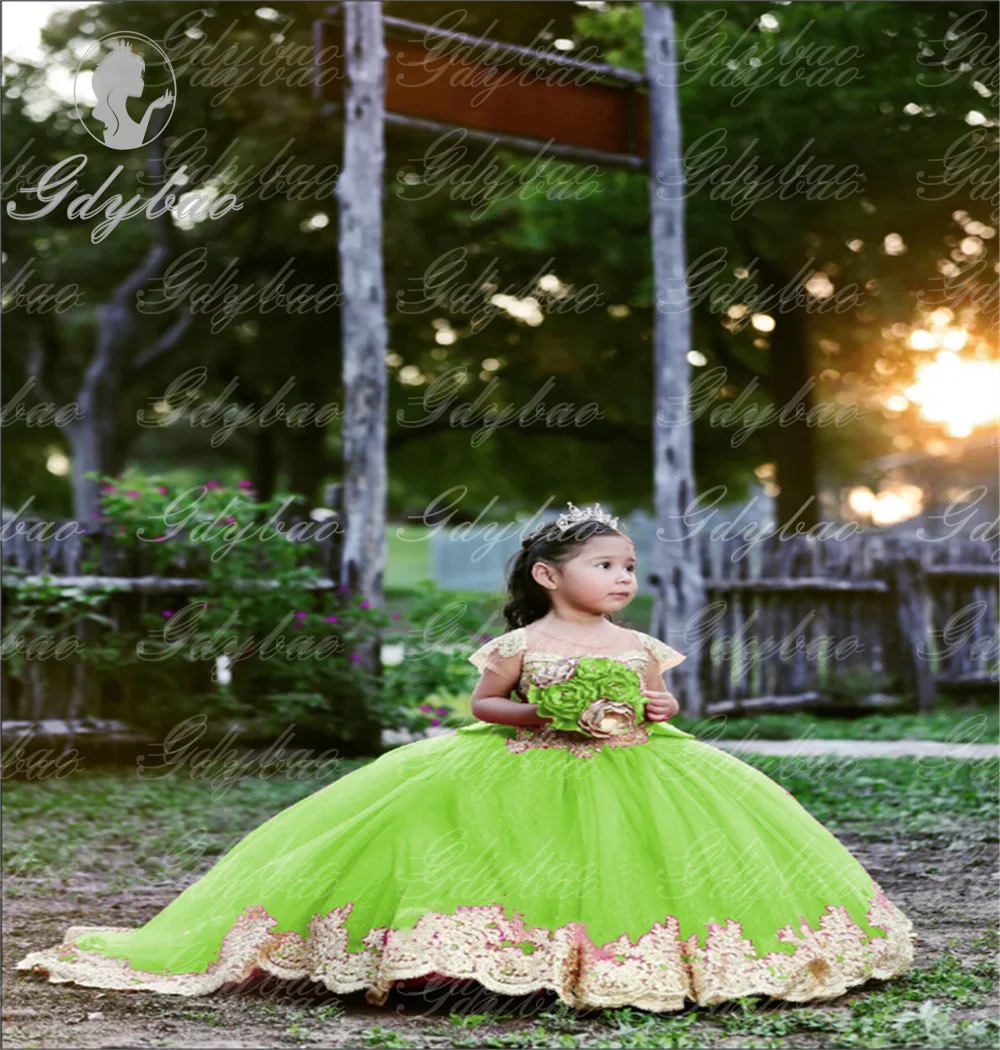 Vestidos de menina de flor de concurso de apliques de renda dourada para casamento mangas completas apliques de renda princesa vestido de primeira comunhão para crianças