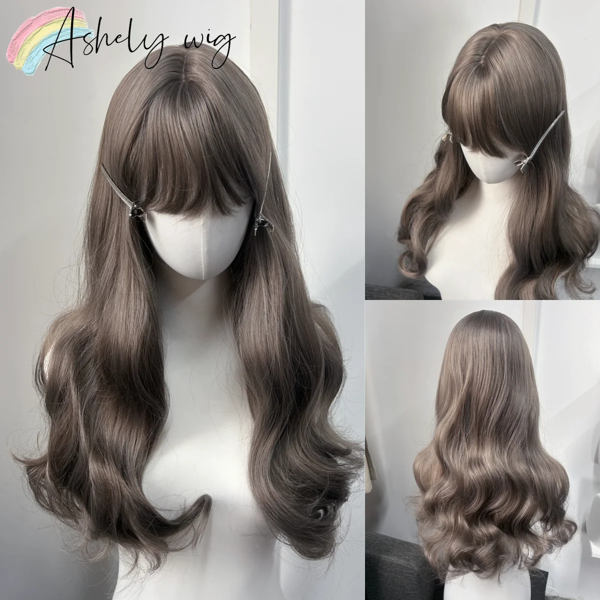 

Ash Taupe Brown Long Loose Wavy Wig Air Bangs Natural Scalp Synthetic Wig Korean Ulzzang Daily Wear Hair Wig