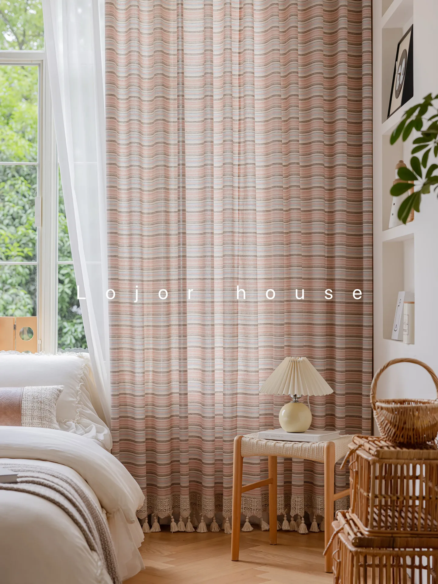 Cotton Pink Horizontal Stripe Girl Lace Curtains for Bedroom Living Room French Window Customized Finished Product