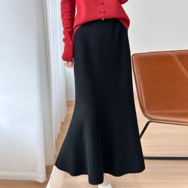 Meerjungfrau-Saum, exquisiter modischer Midirock, 100 % Merinowolle, trendiger klassischer Pullover, Midirock für Damen, Herbst und Winter, weicher Rock