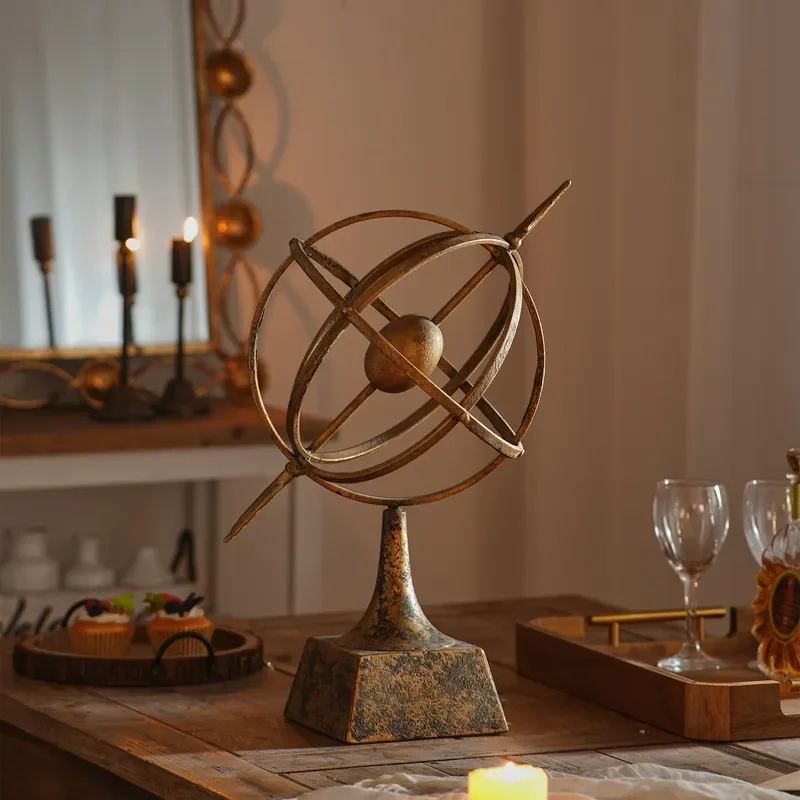 Vintage Metal Globe Sculpture Retro Desktop Ornament for Living Room Home Decor Unique Handicraft Jewelry Display Stand Art