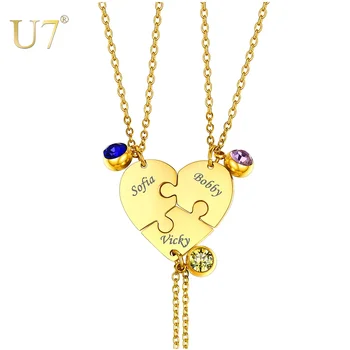 U7 3pcs/set BFF heart puzzles necklace stainless steel personalized family members love/friendship Birthstone custom jewelry