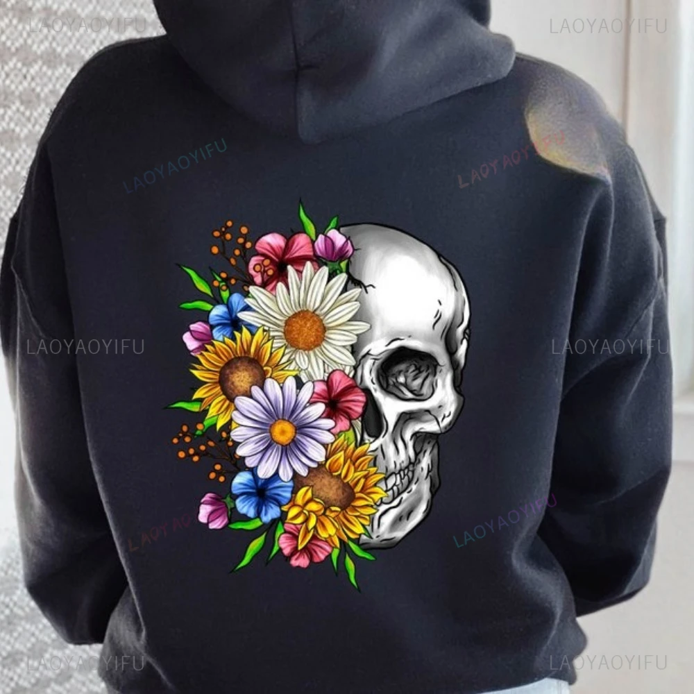 แฟชั่นวินเทจดอกไม้หน้ากะโหลกผู้หญิงเสื้อฮู้ดฤดูใบไม้ร่วงและฤดูหนาวไหล่ตกอบอุ่นพังก์พิมพ์เสื้อฮิปฮอปสตรีทแวร์