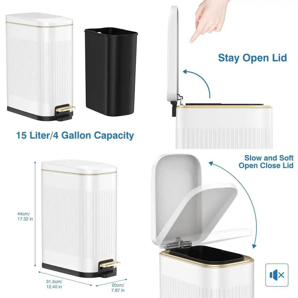 

15L Rectangular Step Trash Can with Soft Close Lid, Removable Basket, for Bathroom, Kitchen, Office (White)
