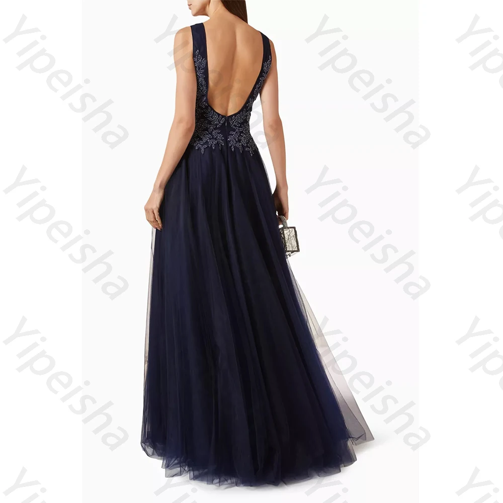 فساتين سهرة أنيقة عالية الجودة تول لبطول الأرض ورقبة على شكل حرف v بدون أكمام فستان حفلة موسيقية مطرز بالخرز فيستدوس دي فييستا مخصص