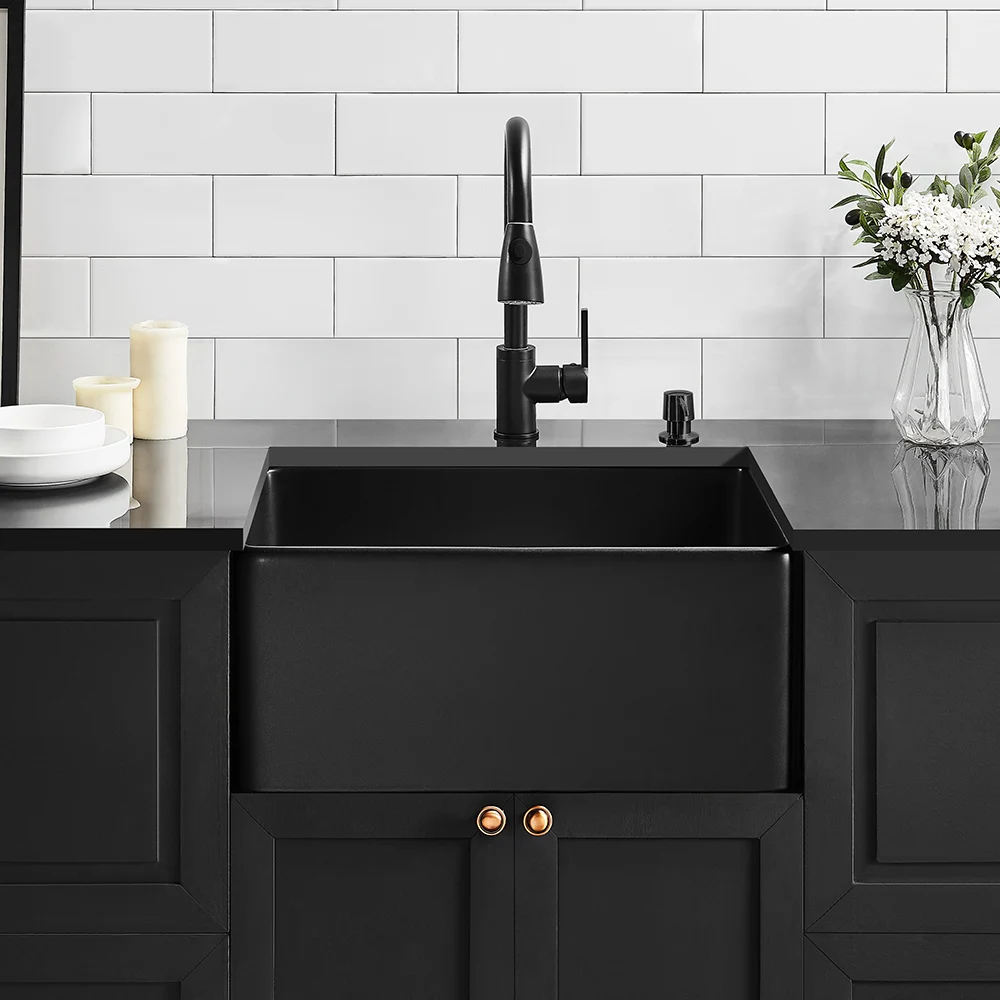 24 Inch Modern Black Kitchen Sink Ceramic Vanity Bathroom Single Bowl Fireclay Undermount Farmhouse Sink Basin