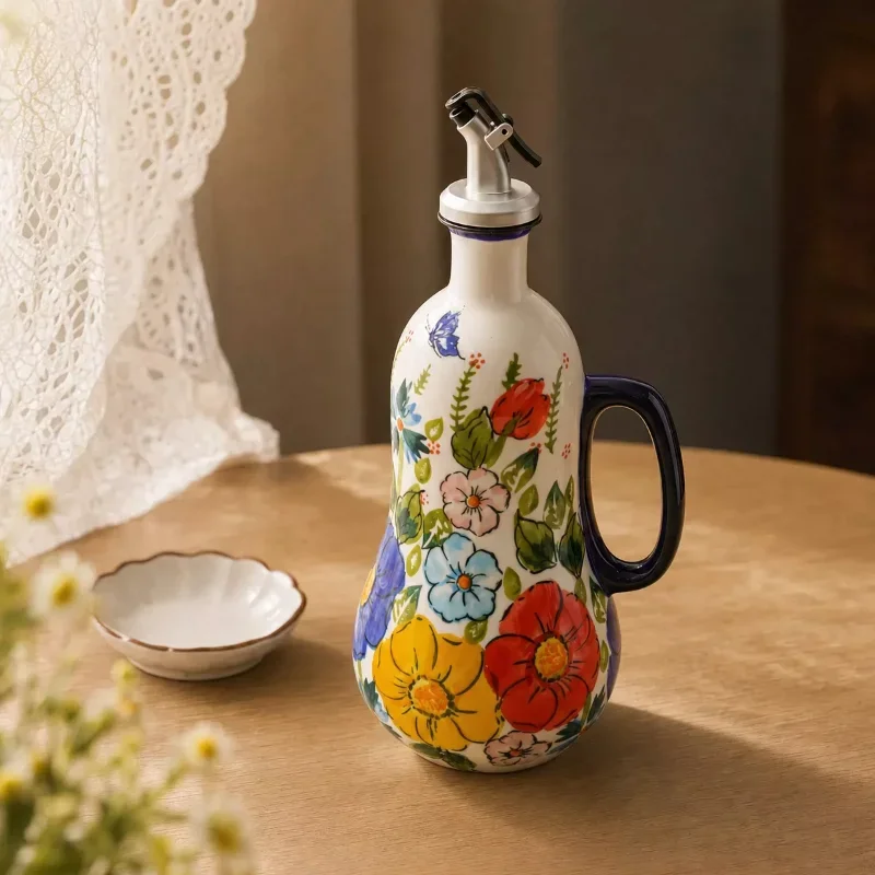 Hand Painted Ceramic Oil Bottle Large Capacity Non-Drip Spout Oil Dispenser Kitchen Countertop Storage Vessel