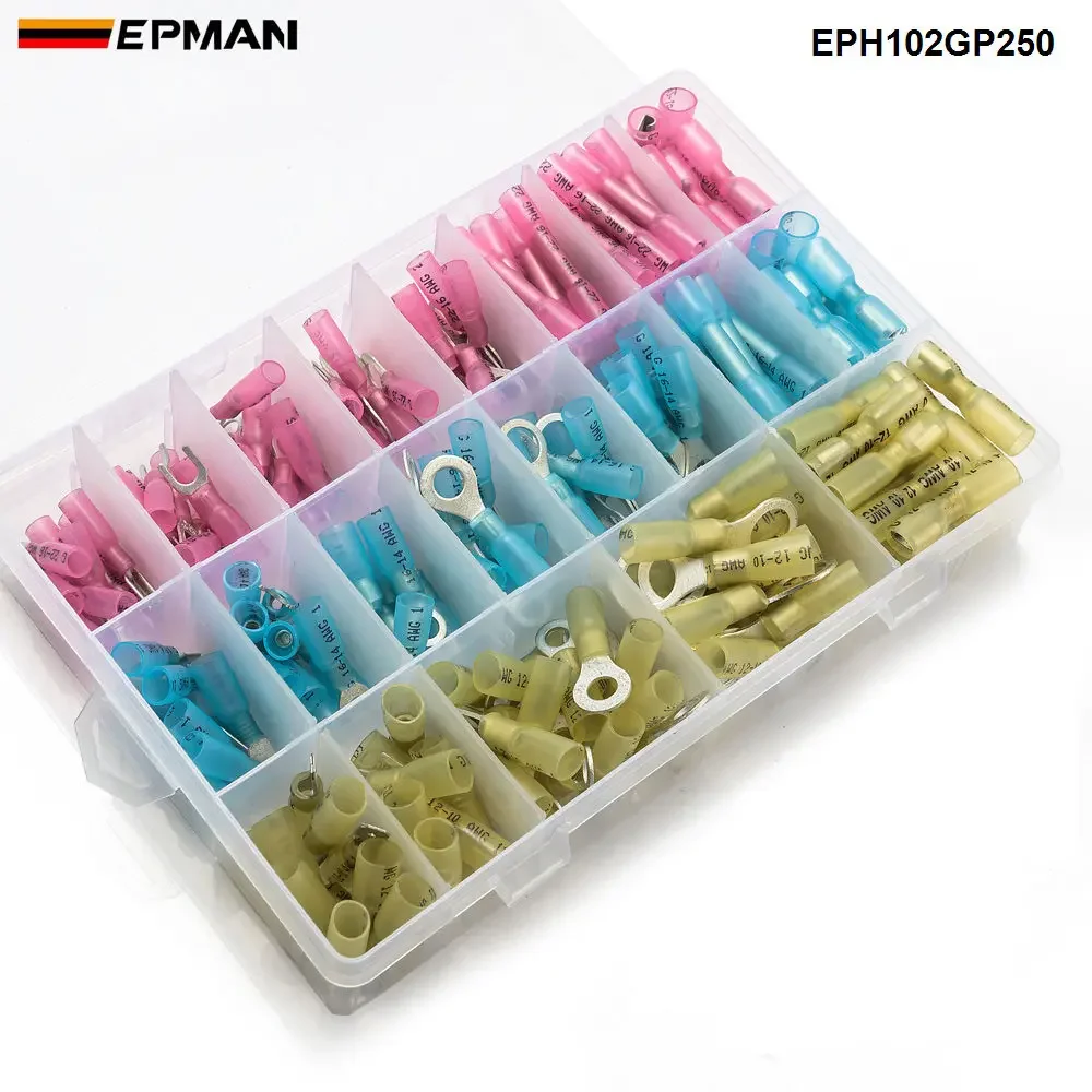 EPMAN 250pcs pieces heat shrink insulated Electrical connectors rear ring crimp terminals Kit EPH102GP250