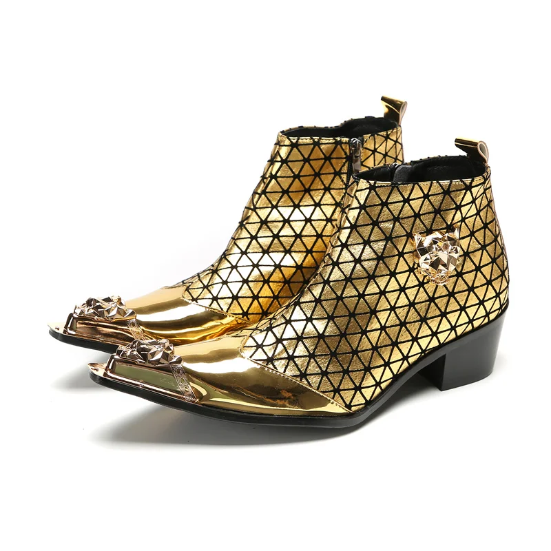 Men Gold Metallic Club Party Ankle Boots Pointed Toe Zipper Chunky Heel Back Zip Lattice Grid Patent Leather Booties Club Y2K