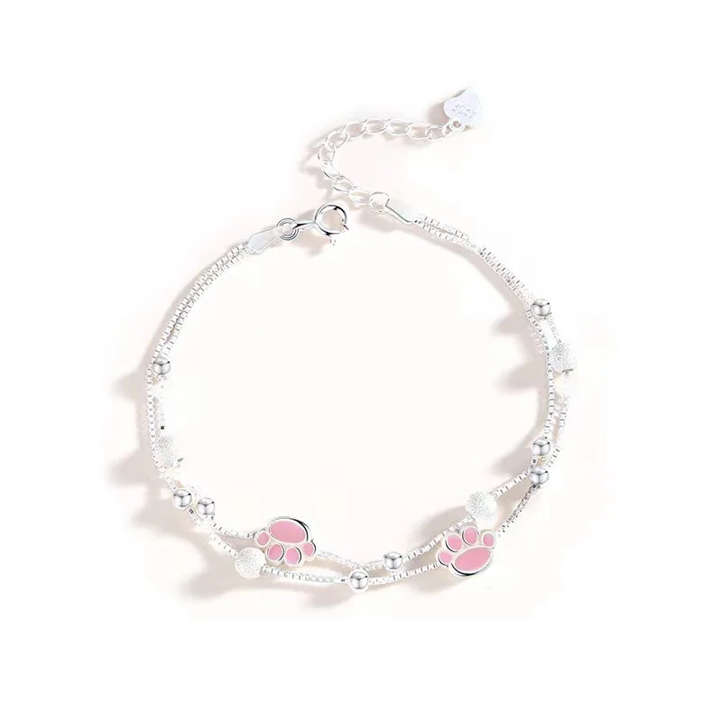 Lovely 925 Sterling Silver Pink Cat Claw Lucky Beads Bracelet for Women Girls Anniversary Party Fashion Jewelry Gifts Wholesale