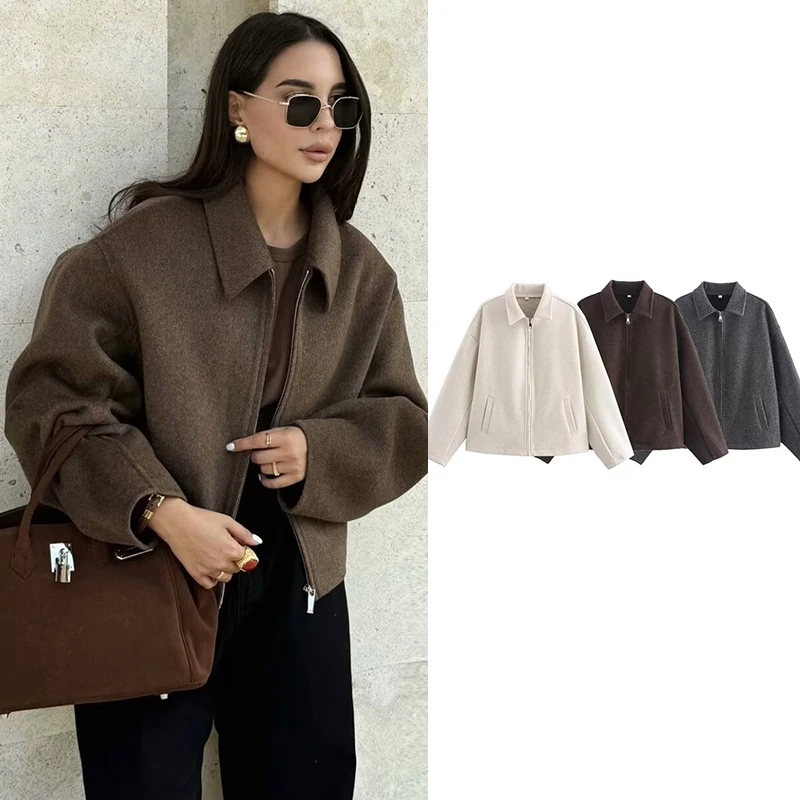 TRAF Autumn Jackets & Coat Women's 2024 New Chic Loose Lapel Warm Street Women's Jackets Simple Casual Joker Youth Coat