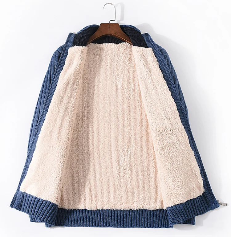 Outono inverno listrado design engrossado velo azul preto camisola masculina gola fino ajuste casual cinza malha cardigan