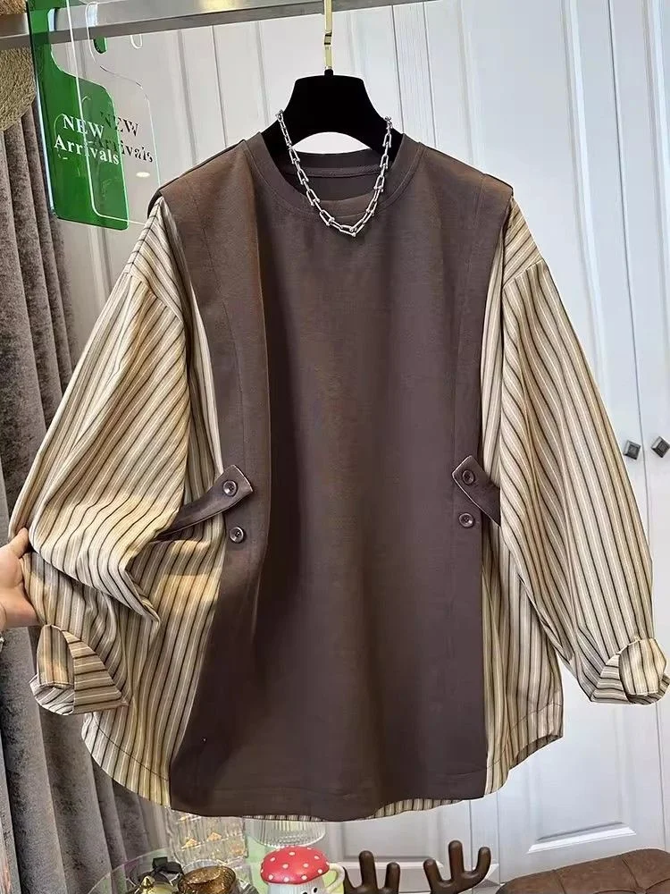 

Женская повседневная рубашка свободного кроя с длинным рукавом и круглым вырезом, в полоску, в корейском стиле, с узорным дизайном и вставками, весна-осень