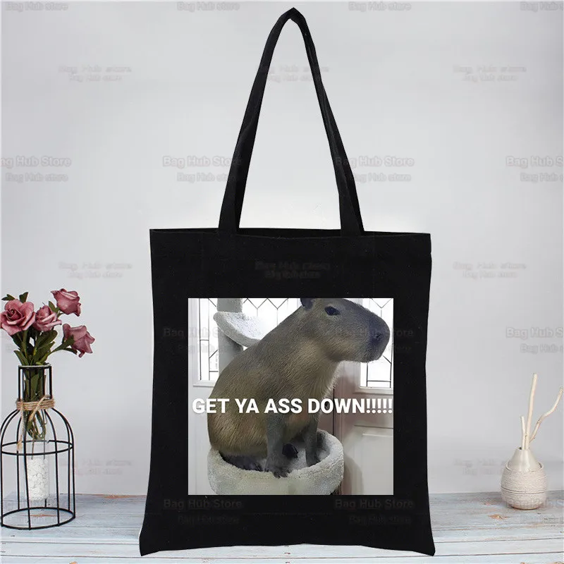 Capybara Funny Black Female Canvas Shoulder Bag Canvas Eco Animal OK I Pull Up Shopping Bag Canvas Tote Bag Casual HandBag