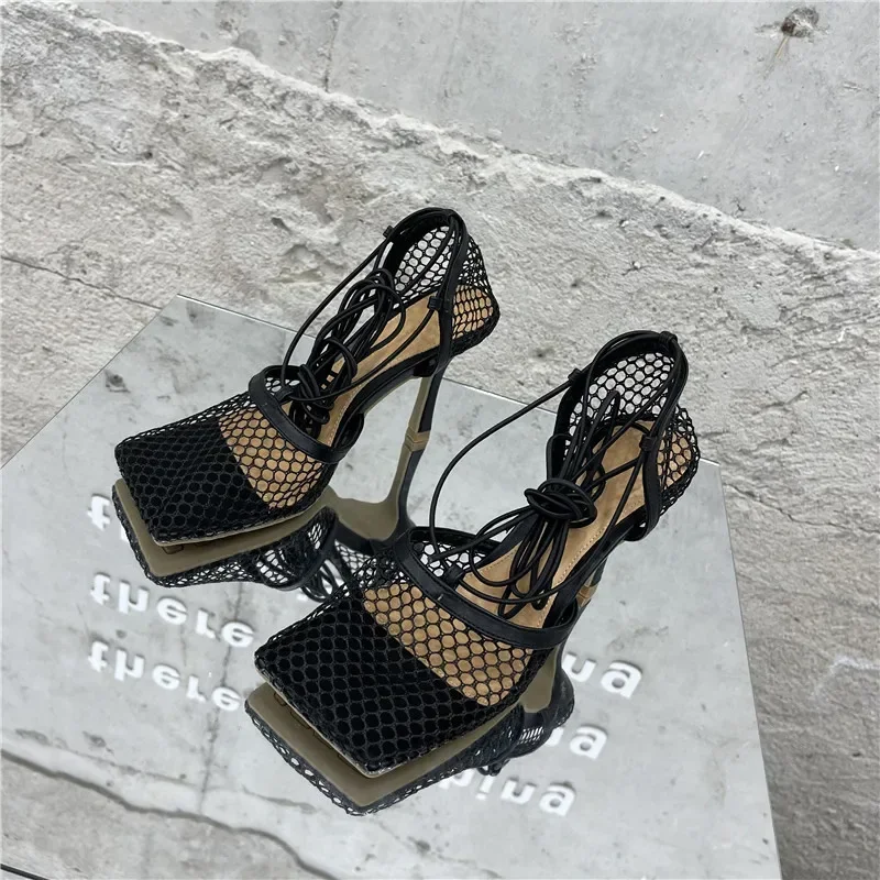 Sexy Mesh Pumps Sandals Female Square Toe High Heel Lace Up Cross-Tied Stiletto Hollow Dress Shoes