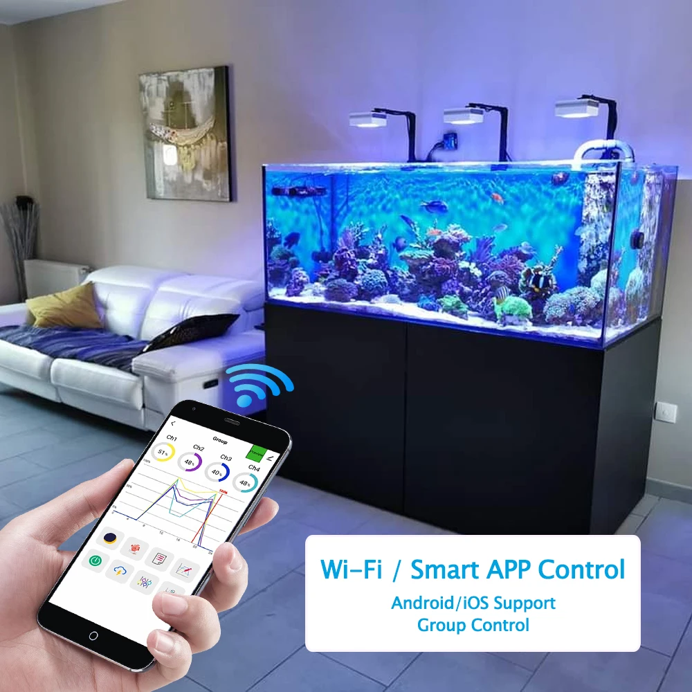 Imagem -02 - Popbloom-wifi Marine Aquarium Light Full Spectrum App Program Lâmpada Led Aquarium para Reef Coral Sps Lps Growth Fish Tank 100w