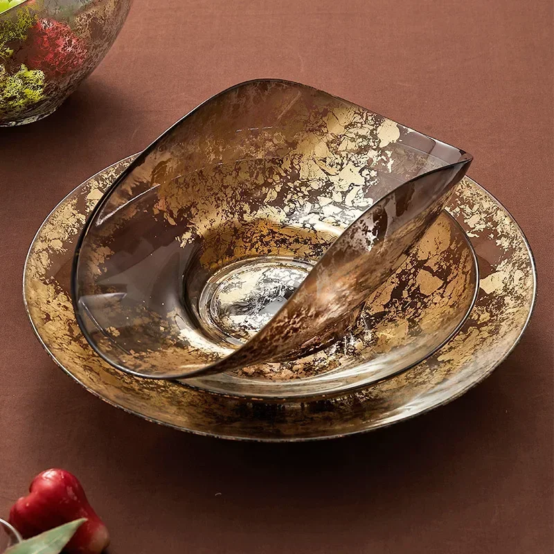 Gold foil fruit bucket European handmade creative glass plate decorative food fruit plate