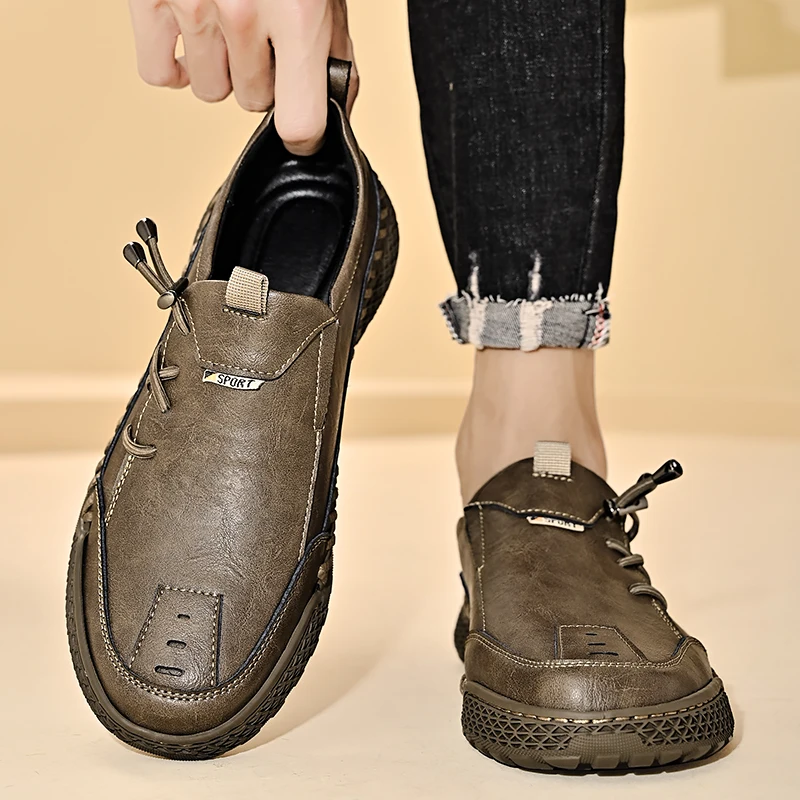 

Hand-stitching Mens Sneakers Vintage Style Leather Loafers Shoes Man Comfortable Slip on Shoes Non-Slip Travel Climbing Footwear