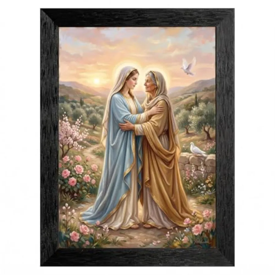 

Framed Canvas Wall Art Luminous Oil Painting The Visitation Mary and Elizabeth Soft Pastel Sunset Canvas Print Poster Black Fra