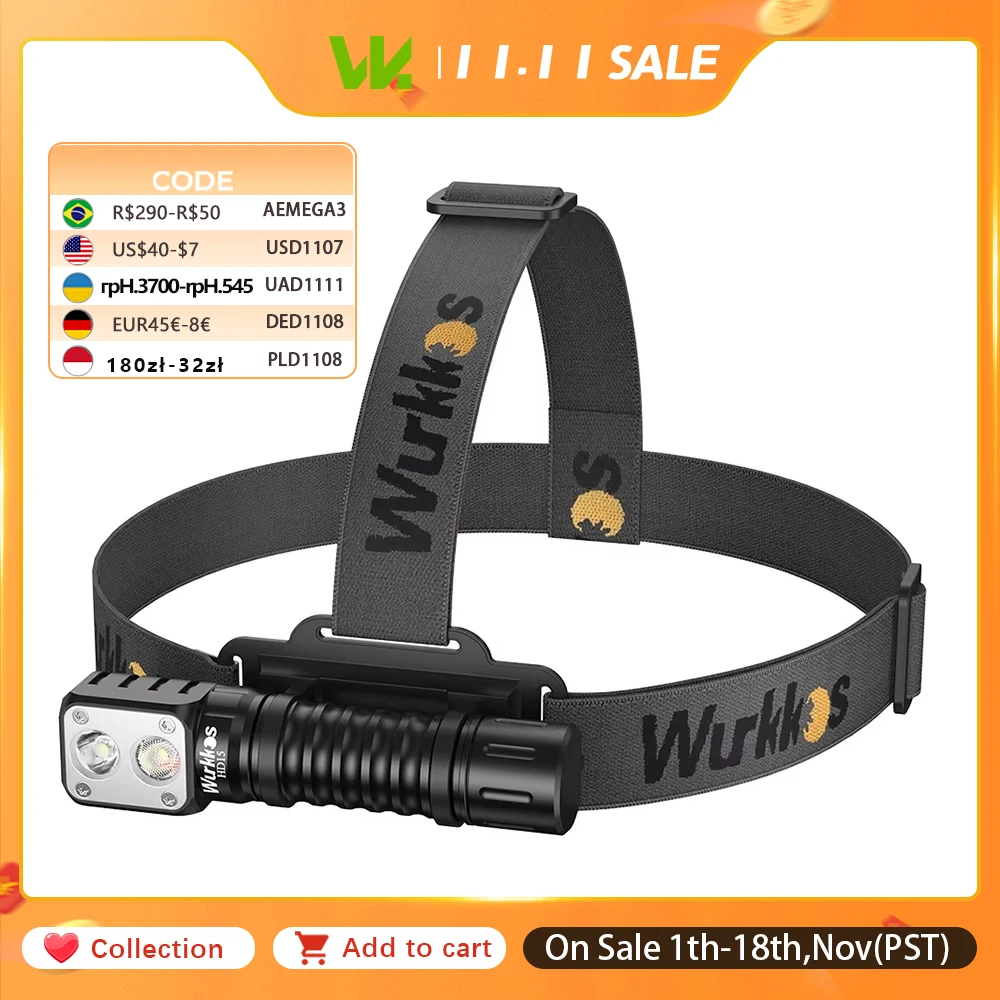 Wurkkos HD15 Stirnlampe 18650 Wiederaufladbare Kopflampe 2000lm Dual-LED TN-3535+SST20 USB Rückladefunktion Magnetischer Endstückaufsatz Wandern