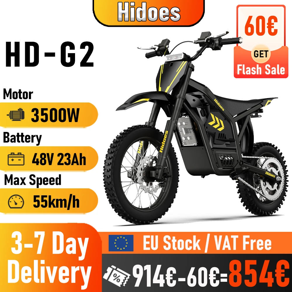 Moto électrique tout-terrain Hidoes G2 3500W 48V 23Ah, moto électrique avec pneus larges de 12/14 pouces pour adolescents et enfants