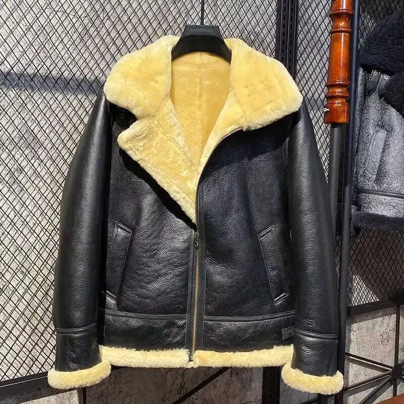 

New Winter 2024 Men Genuine Sheepskin Shearling Leather Coat Pilot Jacket B3 100% Wool Liner Real Raccoon Hooded Black XXXXXXXL