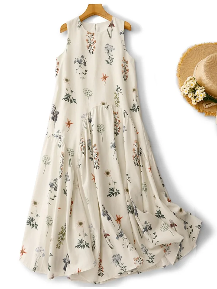 เสื้อกั๊กลายดอกไม้สไตล์เรโทร ดีไซน์ใหม่สำหรับฤดูร้อน กระโปรงมิดิลายดอกไม้ผ้าฝ้ายผสม