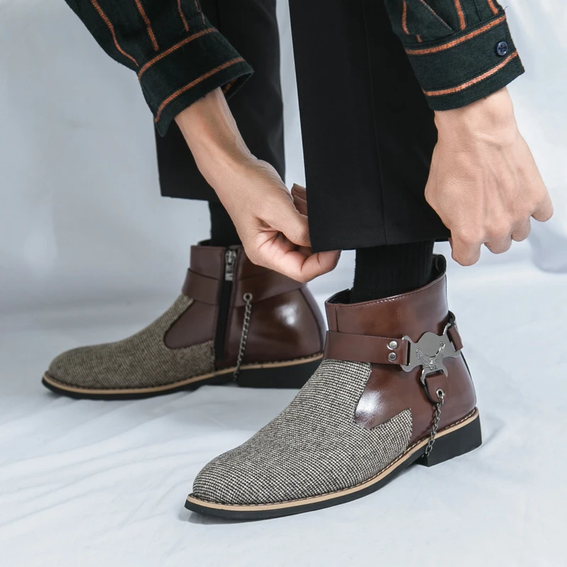 New Boots Men Blue Beige Side Zipper High Top Suede Shoes European Style Business Fashion Chelsea Boots Size 38-48 Men Boots