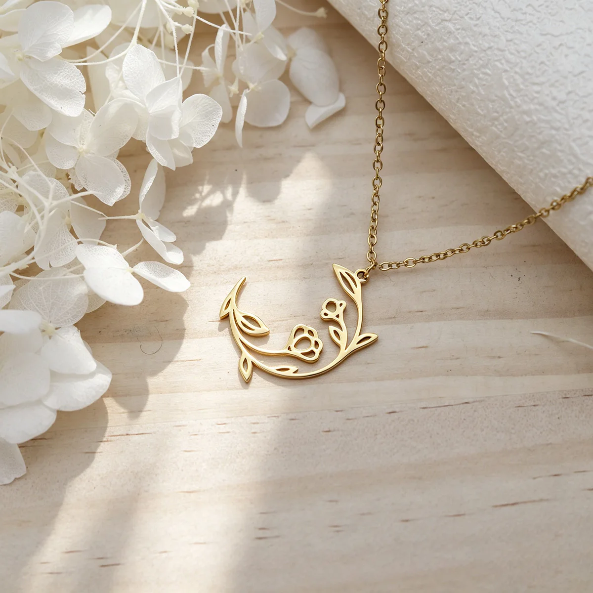 Romantic  Crescent Flower Branch Pendant Stainless Steel Necklace Botanical Amulet Chain Jewelry Wholesale Birthday Jewelry