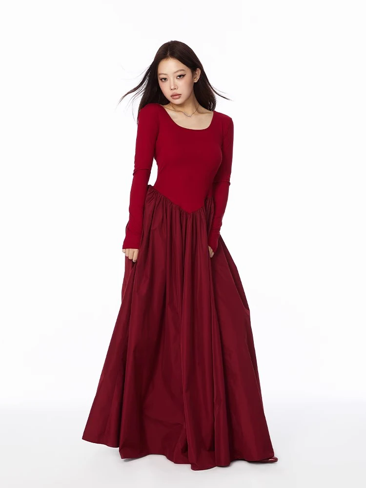 ReddaChic Patchwork Plain Long Sleeves Dress Women Scoop Neck Backless A-line Slim Stretch Maxi Knit Dress Casual Autumn Clothes