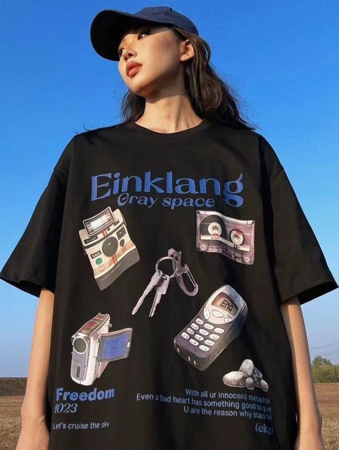 

ROYAR retro white short-sleeved new summer American high street pure cotton oversize loose half-sleeved top Harajuku round neck
