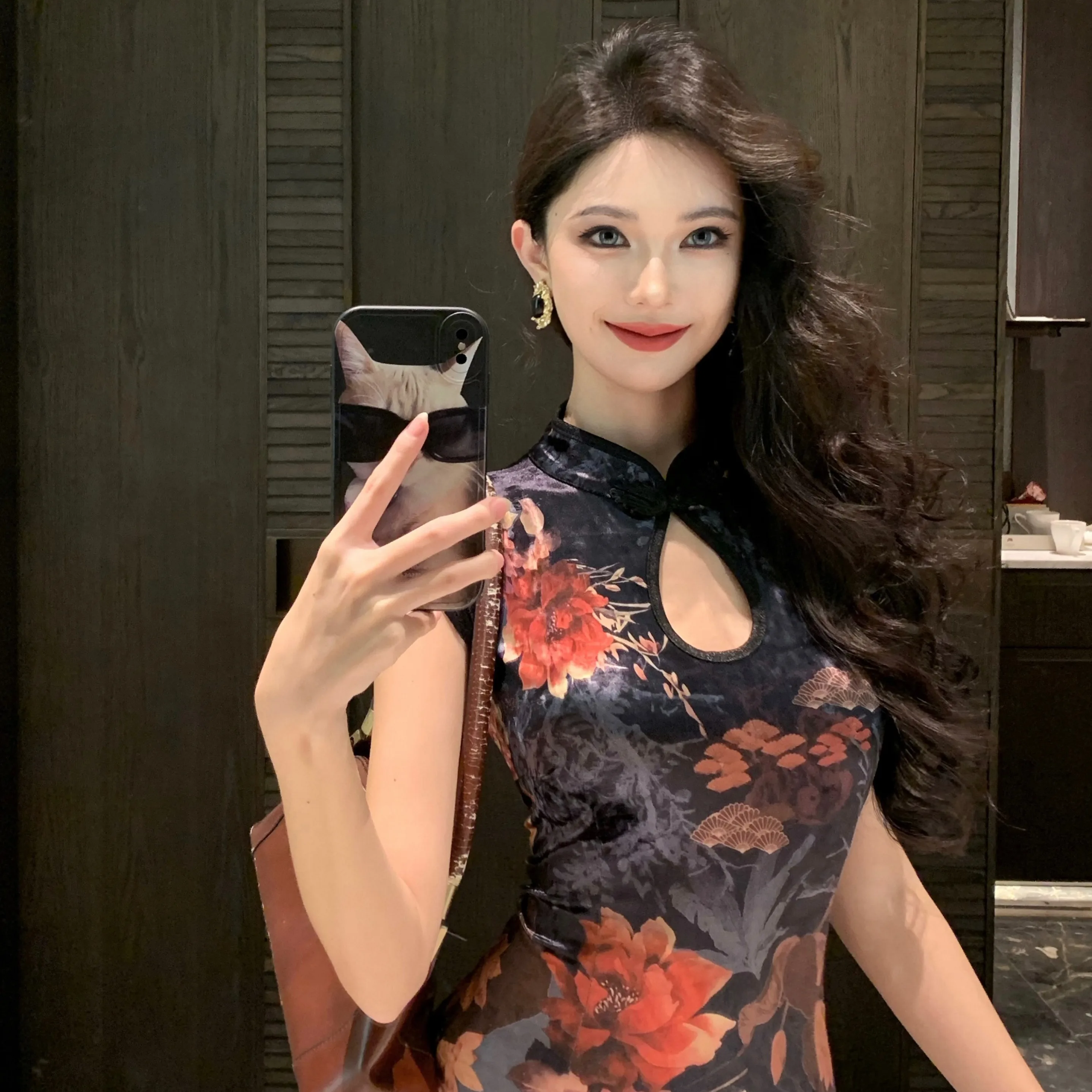 

New Chinese Sle Velvet ort Qipao Dr with Floral Wrap around Skirt Sexy Faionable Low Slit Daily Wear Polyester