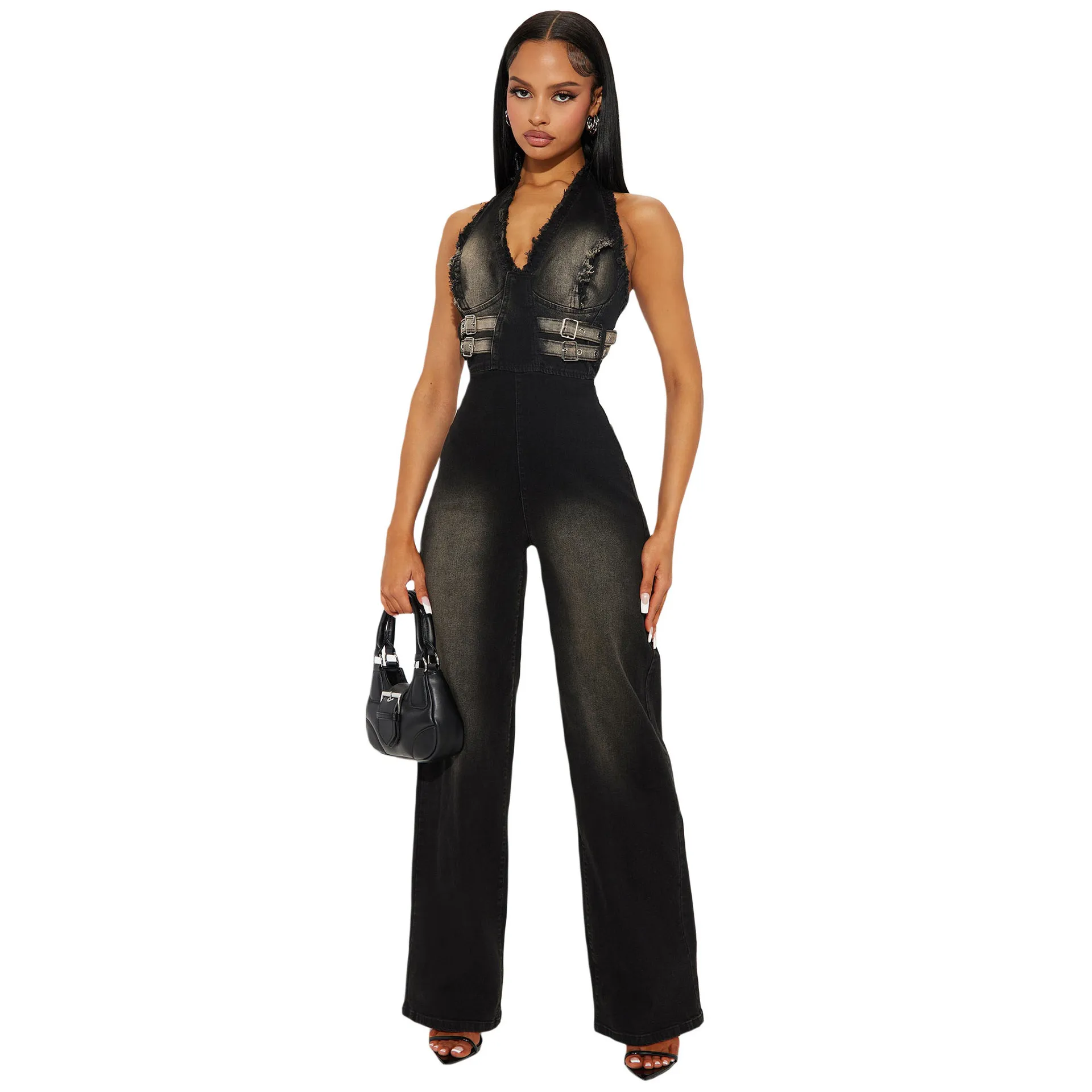 Tight waist slim fit elastic wash denim jumpsuit halter neck loose jeans one piece overalls for women