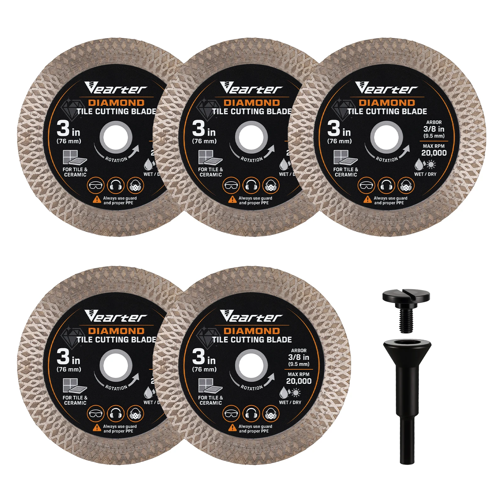 5Pcs 3 Inch 76mm Diamond Tile Cutting Blades with 6mm Shank Mandrel Wet Dry Use for Tile Ceramic Stone Cutting