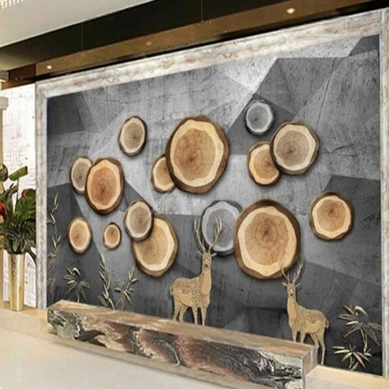 Chinese-style grand wood grain golden milu deer bamboo grey TV luxurious home decoration bedroom background wall