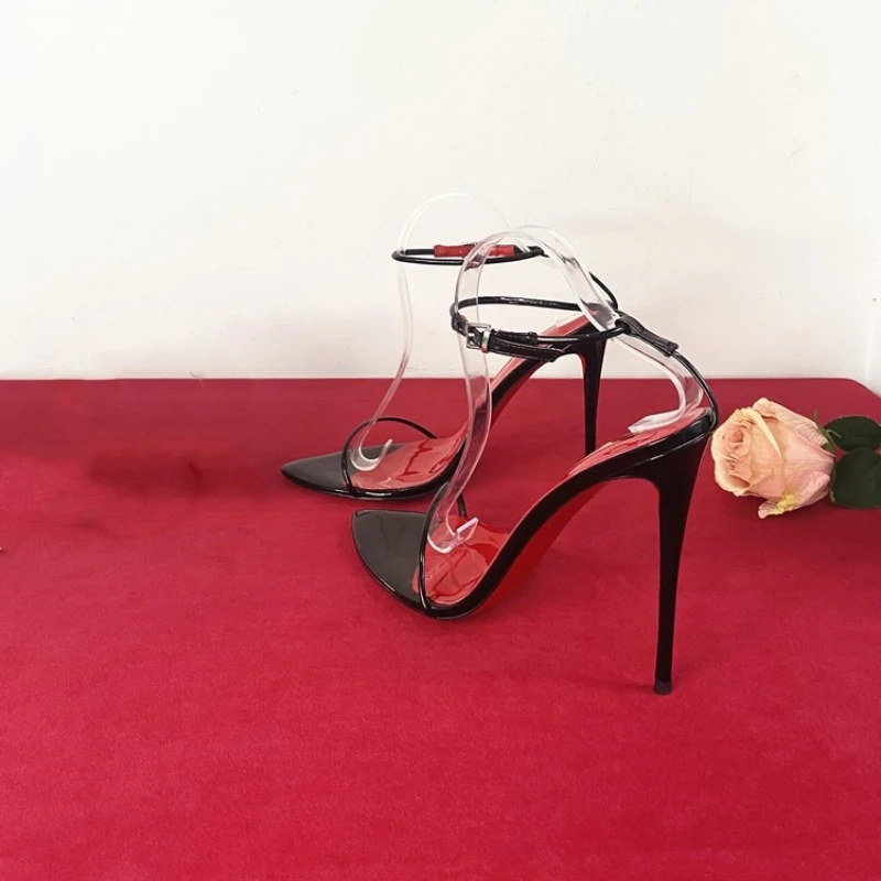 Image of Neue 12 cm minimalistische, ultrafeine, gerade Riemen-Schuhe mit hohen Absätzen und sexy Knöchelriemen, Plus-Size-Bettsandalen mit schmalem Absatz für Damen