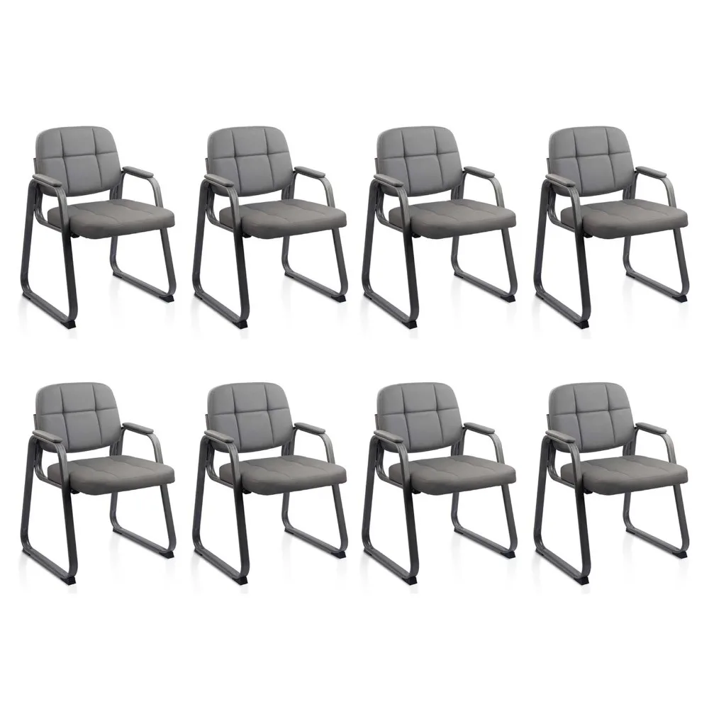 Waiting Room Guest Chair with Bonded Leather Padded Arm Rest for Office Reception and Conference Desk Black with Sled 8 Pack