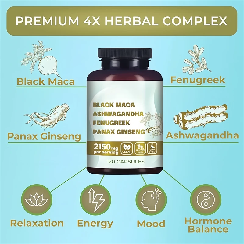Original Black Maca Root, Ashwagandha, Panax Ginseng, Fenugreek Capsules, Male Enhancing Supplement Natural 4-in-1 Organic 18+