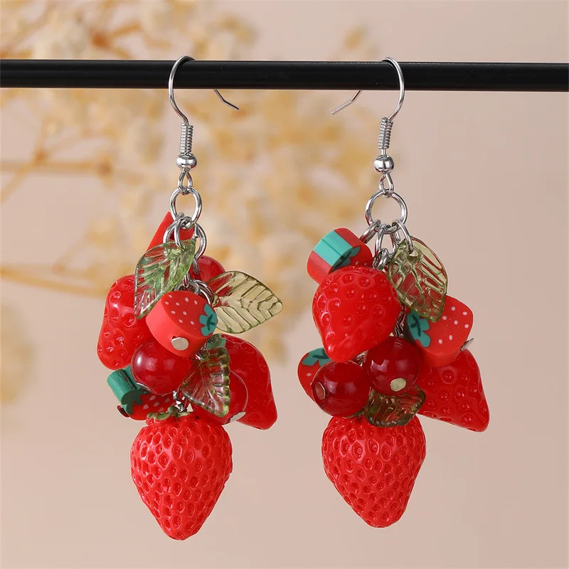 

New Resin Lemon Orange Strawberry Grape Fruit Beads String Leaf Drop Earrings Cute Fun Trendy Jewelry Gifts For Women