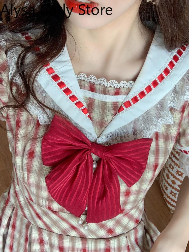 Japanese Kawaii Fairy Dress Women Summer 2022 Lace Plaid Vintage Party Mini Dress Female Bow College Style Princess Casual Dress