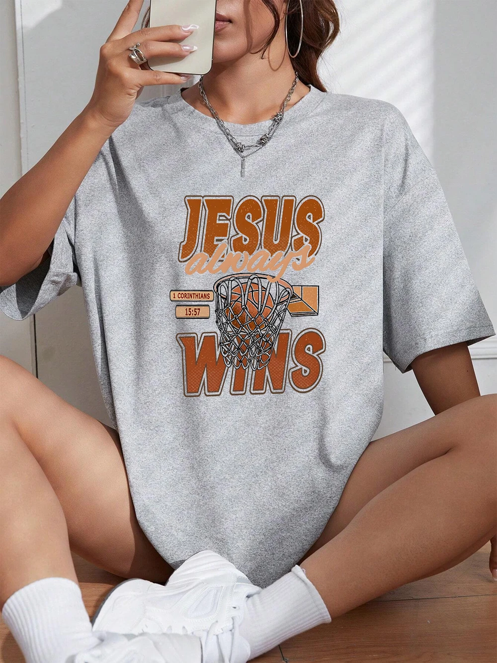 Jesus Always Wins Basketball Letter Prints T-Shirt Women Cotton Summer Short Sleeve Soft Loose O-Neck Tops Casual Womans Clothes