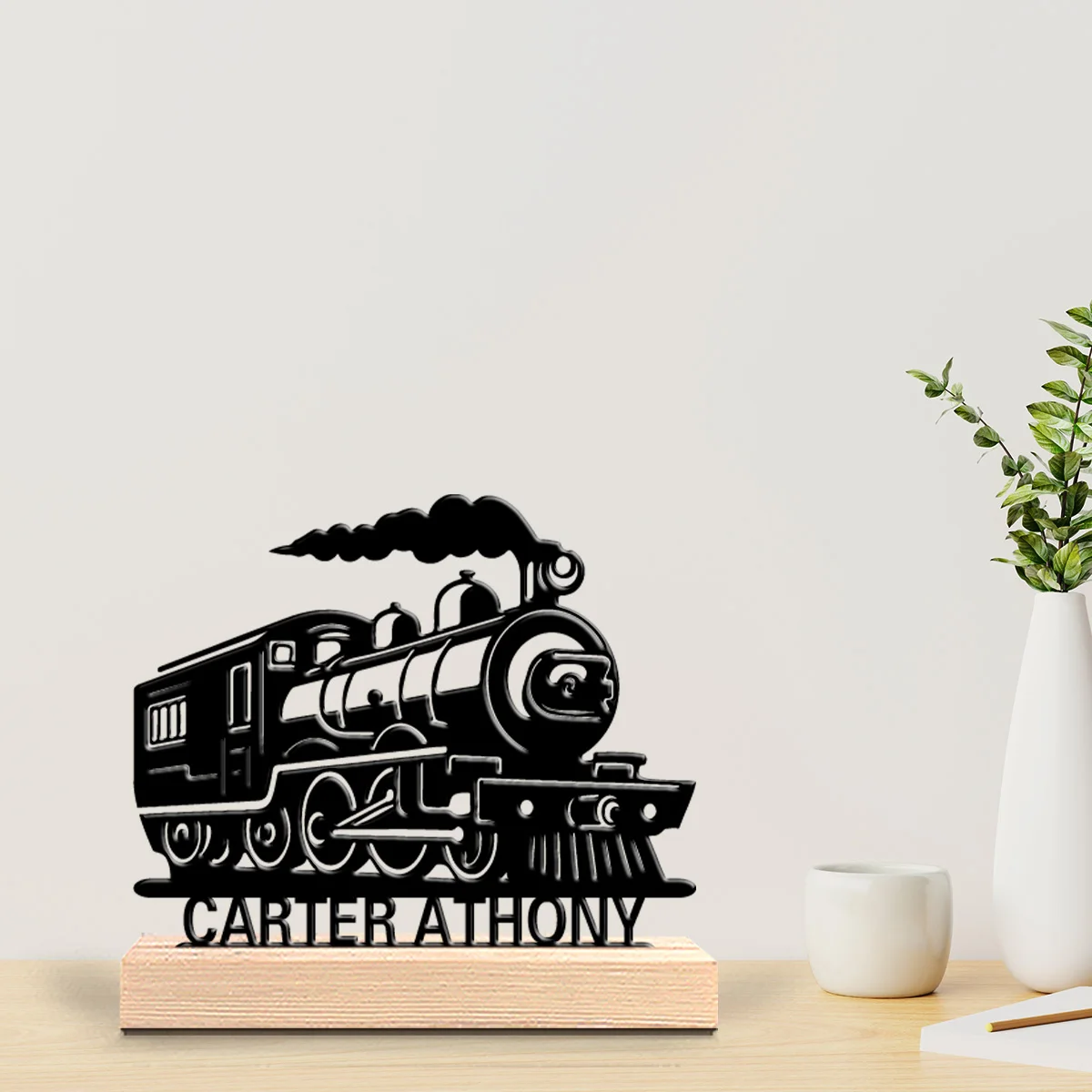 1pc Fashion Personalized Custom Retro Steam Train Metal Statues Metal Art With Wooden Base Suitable For Office, Bedroom, Living