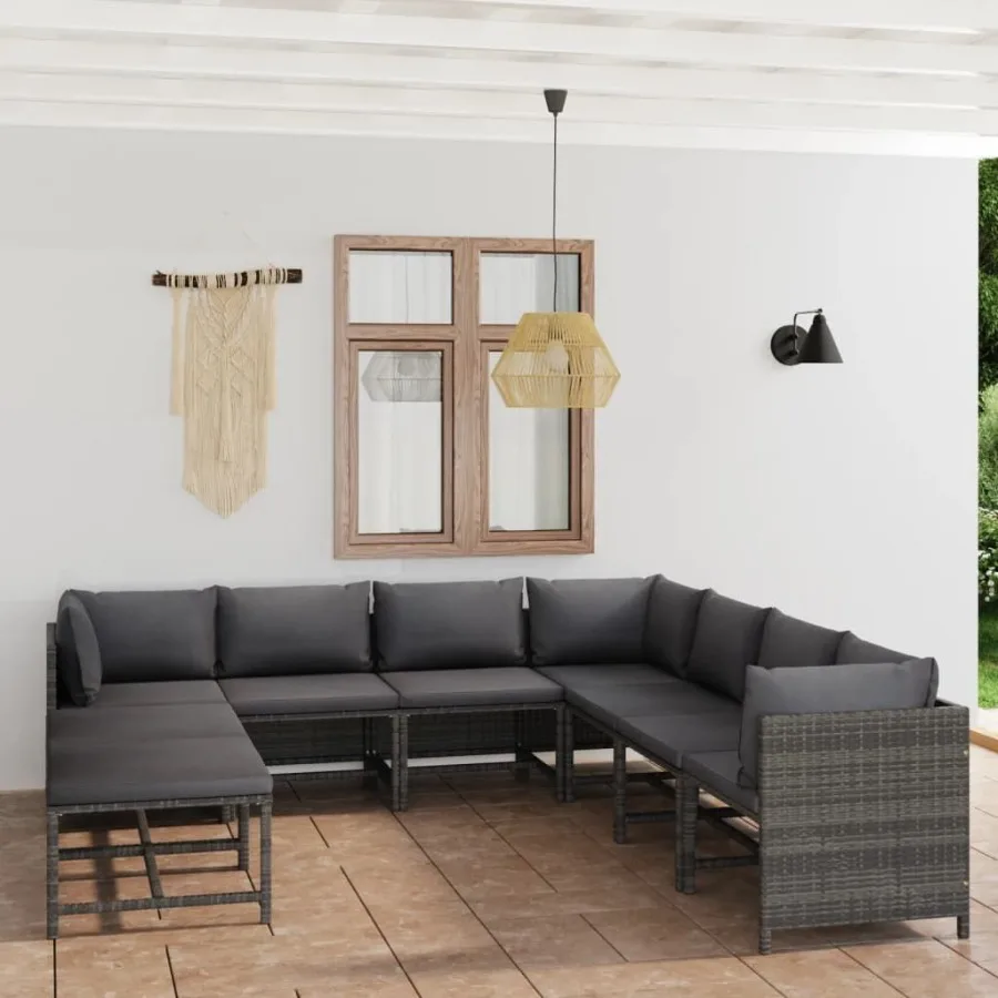 

9 Piece Patio Lounge Set with Cushions Poly Rattan Gray