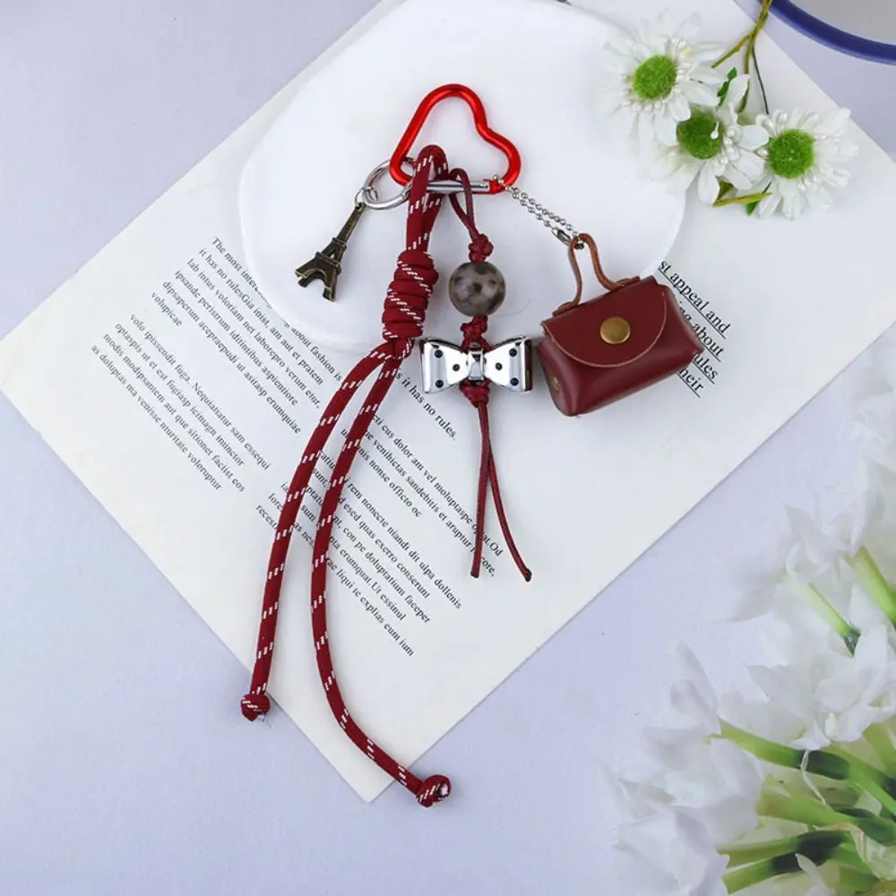 DIY Small Leather Bag Handmade Rope Keychain Eiffel Tower Colorful Bag Pendant Bow Bag Charm