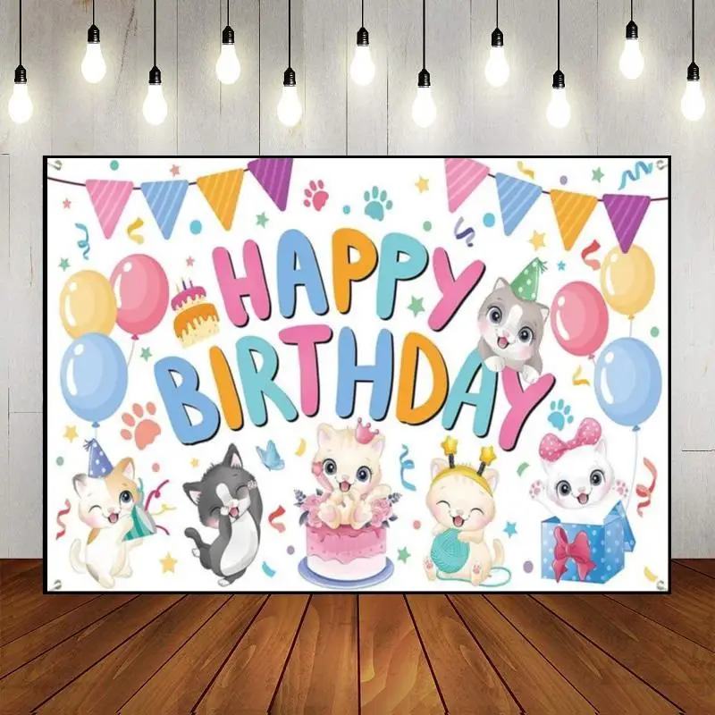 Cat Kitten Pet Paw Vintage Background Custom Birthday Backdrop Scenic Decoration Photography Backdrops Sweet Photo Party Banner