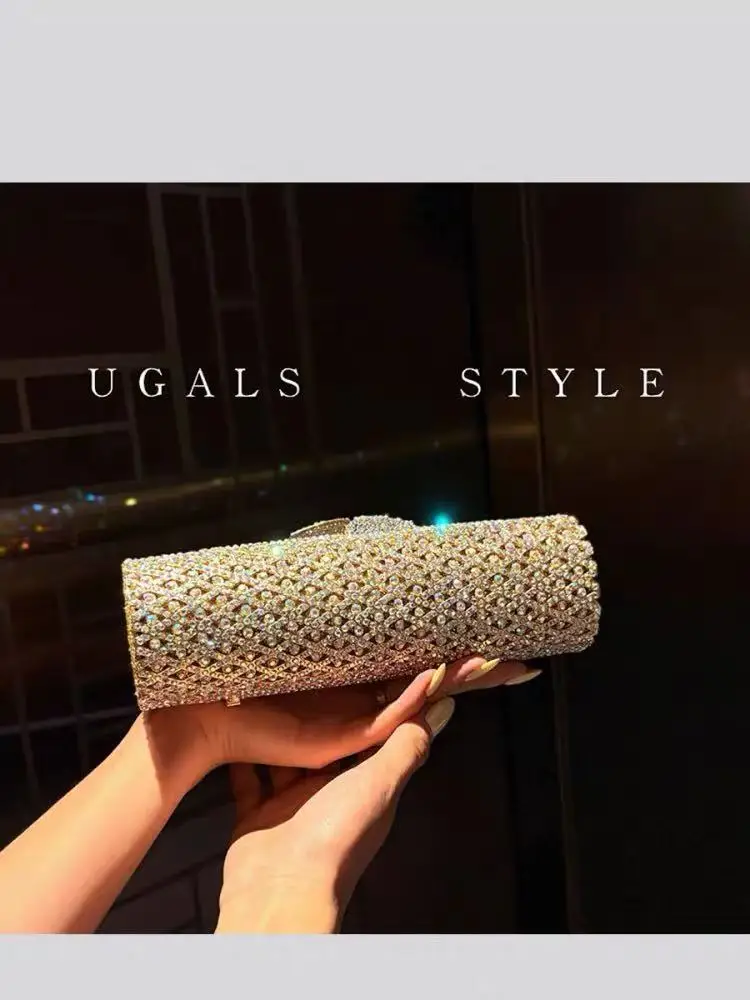 Luxury Metal Cylinder Clutch Purse Crystal Rhinestones Diamond Evening Bag Glitter Shiny Women Handbag Fashion Shoulder Bag