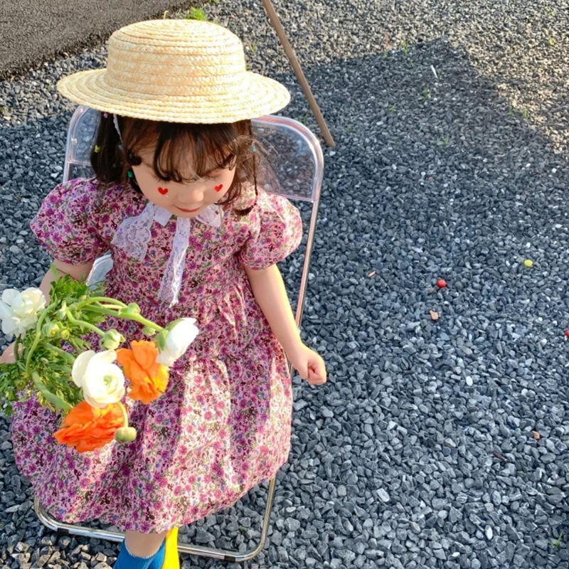 Baby Straw Hat for Girl Sun Protective Flat Top Hat with Lace Strap Breathable Wide Brim Sun Toddler Girl Panama Hat