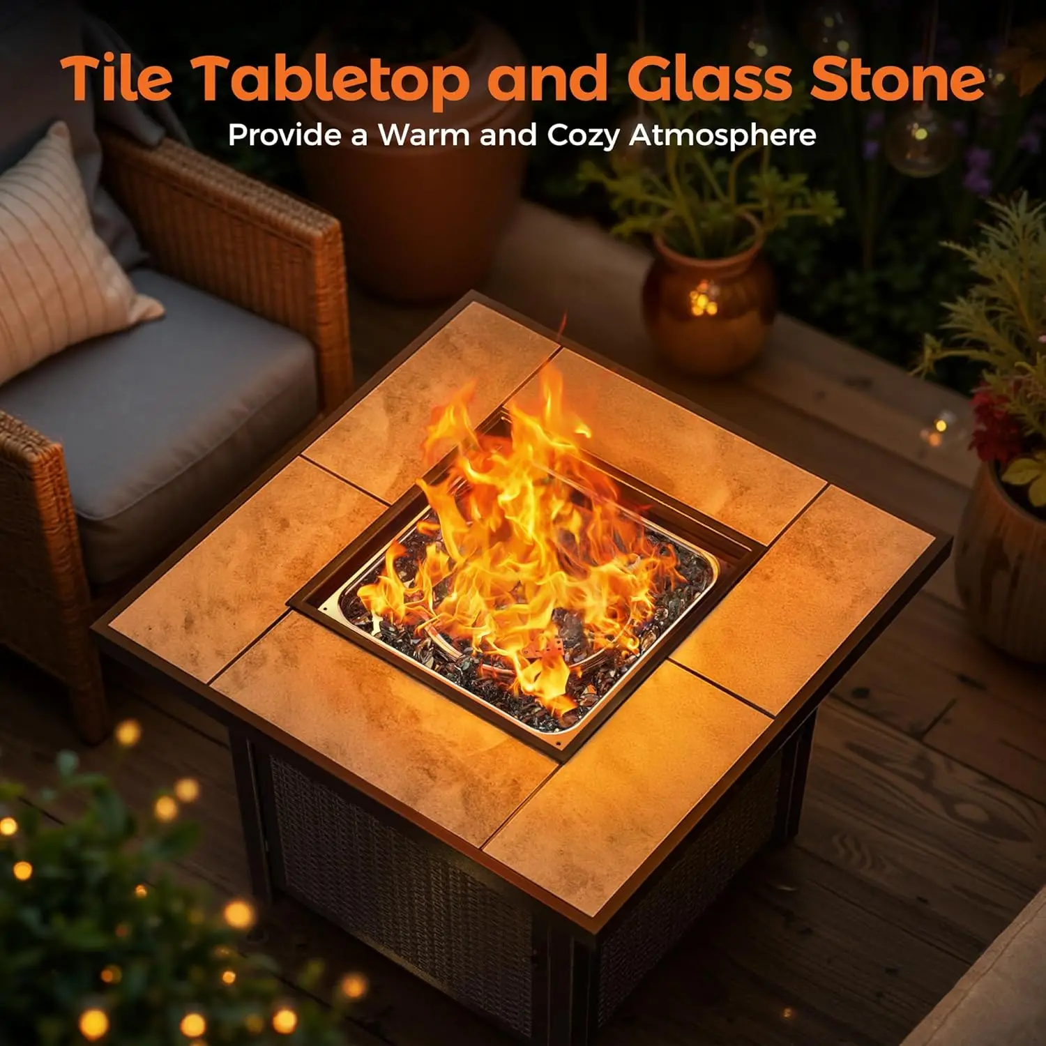Outdoor Propane Gas Fire Pit Table - 50,000 BTU, 32-inch, Square, Brown, Ideal for Outside Use view 2